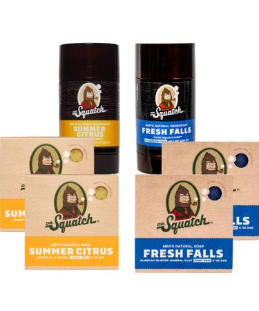 Dr. Squatch Manly Soap and Deodorant Variety Pack - Handmade with Organic Oils Aluminum-Free - Summer Citrus and Fresh Falls - Men's Natural Soap