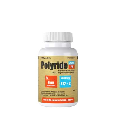 Polyride Fe Ultra Polysaccharide Iron Supplement Complex 350 Mg - Energy Support with Iron - treat iron deficiency anemia - 125 mg vitamin C and 1000 mcg Vitamin B12 - 100 Capsules