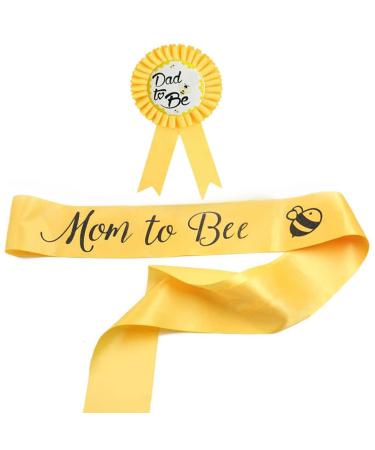 2Packs Baby Shower Decorations Yellow Mom to Bee Sash and Dad to Bee Tinplate Badge with Cute Bee Pattern Baby Welcome Party Gifts Beautiful Bee 2P