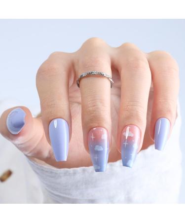 Bettles Press On Nails Medium Coffin Soft Gel Ombre Fake Nails with Nail Glue in 28pcs 14 Sizes Fit Perfectly & Natural Reusable Stick On Nails for Women Cloudy Lullaby