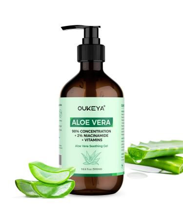 OUKEYA 500ml Aloe Vera Gel Bio - 2% Niacinamide Gel L Aloe Vera Cheveux Visage Corps - En Cas Coups Soleil Rougeurs & Peau S che Apaise Renforce Barri re Cutan e & Test Dermatologiquement