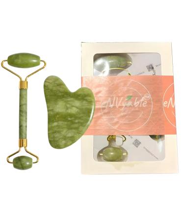 2pc Gua Sha & Facial Roller Skin Care Massager Set - Jade Stone - 100% Natural (Green)