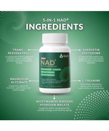 GUI 5-in-1 NAD+ Nicotinamide Riboside with Resveratrol L-Theanine Magnesium Glycinate & Quercetin Phytosome | Supplement for Supporting Energy Healthy Aging Mood & Sleep | 30 Capsules - Buy Online on GoSupps.com
