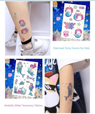 RENUIS Glitter Temporary Tattoos for Kids - 20 Sheets Mermaid Butterfly Fairy Flowers Fake Tattoo Stickers for Girls - Waterproof Party Favors & Gifts - Buy Online on GoSupps.com