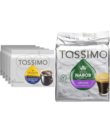 Tassimo Gevalia Dark Italian Roast Coffee Single Serve T-Discs 166g (5 Boxes of 12 T-Discs) & Nabob Caf Crema Coffee Single Serve T-Discs 110g Coffee + Nabob Caf Crema Coffee