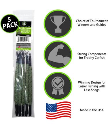 Rattle Snake Dragging Weights 4oz 5-Pack - Snagless Sinkers for Trolling, Drifting, and Catfish Attraction - Buy Online on GoSupps.com