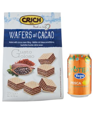 Crich Wafers with Cocoa Cream Pack of 10 sweet biscuits with cocoa cream, 250g bag + 1 can of peach yoga iced tea 330ml