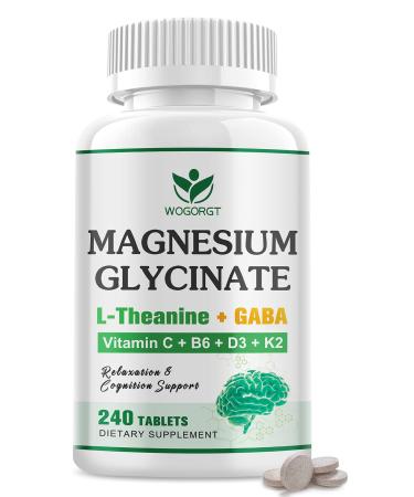 Magnesium Glycinate and L-Theanine Supplement - Relaxation & Cognition Support - 400mg Magnesium Supplement with L-Theanine GABA Chamomile B6 D3 & K2 for Adults & Teens Vegan - 240 Tablets