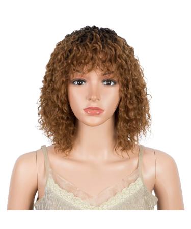 D but short curly wig ombre wig with pony curl fringe human -like wig for women 12 inches 120 g (12 inches TT1B / C30: brown with dark root) 30.48 cm (1 Pack) brown with dark root