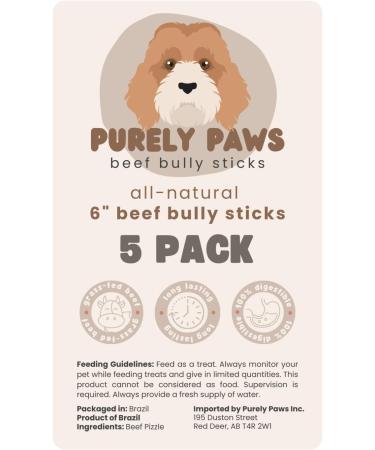 Purely Paws Premium All-Natural Beef Bully Sticks - Safe Digestible Dog Chews - Long-Lasting Low-Odour Rawhide Free (6" 5 Count) 6" (Pack of 5) - Buy Online on GoSupps.com