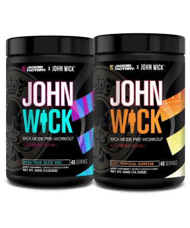 Jacked Factory X John Wick - Wick Mode Pre Workout Powder - Intense Energy Battle-Ready Focus Unstoppable Commitment and Sheer Will - Baba Yaga Blue Raz & Last Tropical Sunrise