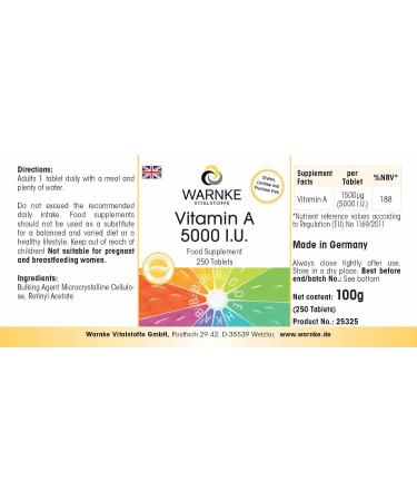 Buy Vitamin A 5000 I.E - High Dose Vegan Tablets - 1500 g Retinol - 250 Tablets | Warnke Vital Substances - German Pharmacy Quality - Buy Online on GoSupps.com