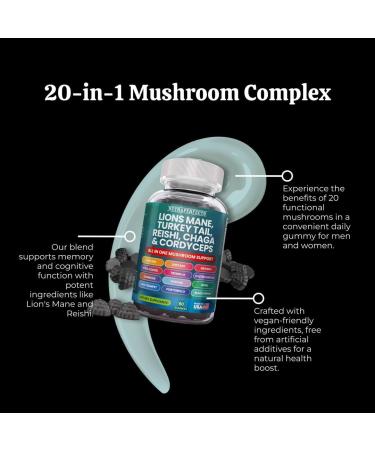 Organic Mushroom Gummies 20 in 1 Complex Daily Lion's Mane Reishi Chaga Cordyceps Enoki Oyster Turkey Tail Brains Vegan Memorys Superfood Mushroom Supplement for Adults Men & Women - Buy Online on GoSupps.com