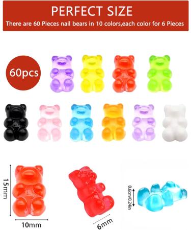 60 Pieces Gummy Bear Nail Charms - Resin Flatback Candy Bears for Nails, Slime, DIY Crafts - 10 Colors - Buy Online on GoSupps.com