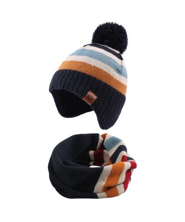 XIAOHAWANG Knitted Baby Hat Winter Warm Boys Girls Beanie Fleece Lining Toddler Kids Hat with Pompom 9-24 Months Navy Striped Hat+scarf