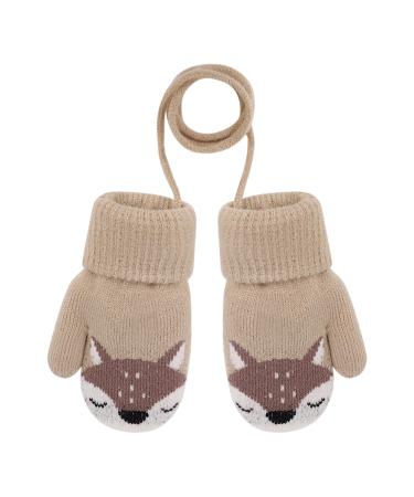 JIAHG Children's Winter Knit Gloves with String Baby Toddlers Hand-Warming Mittens Cute Cartoon Fox kids Gloves Outdoor Warm Mitts Insulated Cold Weather Gloves for 1-3 Years Boys and Girls Fox-khaki