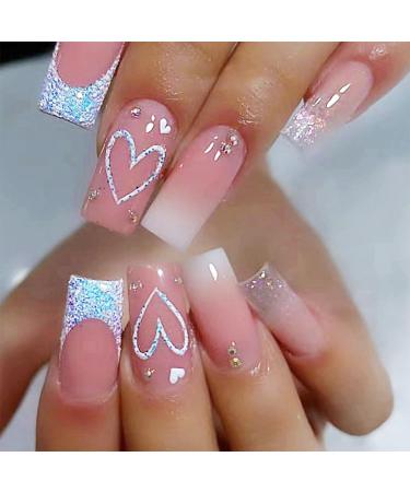 French Press on Nails Medium Square Fake Nails Press Ons White Ombre Medium Coffin False Nails Nail Tips with Flash Love Stick on Nails Artificial Acrylic Nail Kit for Women Nail Art 24PCS White Gradient Glitter Love French