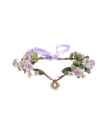 Funsveta Women Rose Floral Crown Hair Wreath Leave Flower Headband with Adjustable Ribbon (Green and purple)