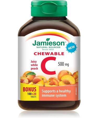 Jamieson Vitamin D 400IU Kids Chewable 100 Tablets and Vitamin C 500mg Chewable (White Juicy Peach Flavour) 120 Count - Buy Online on GoSupps.com
