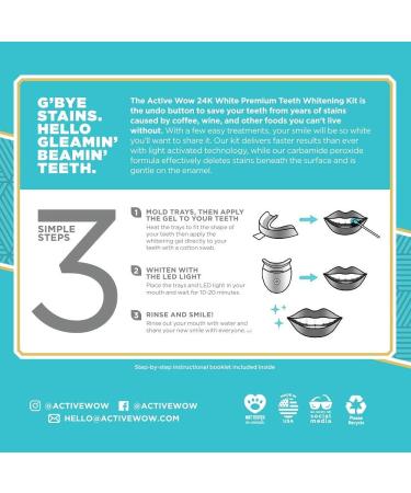 Active Wow 24k White Teeth Whitening Kit - LED Light, All Natural Formula, Mint Flavor - 30 Treatments - Buy Online on GoSupps.com