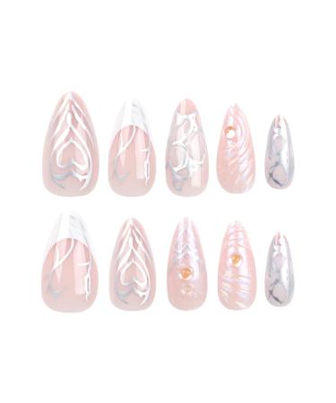 24 Pcs Medium Almond Press-On Nails - Nude & Glitter Full Cover Fake Nails | Glossy 5D Acrylic French Nails for Women & Girls - Buy Online on GoSupps.com