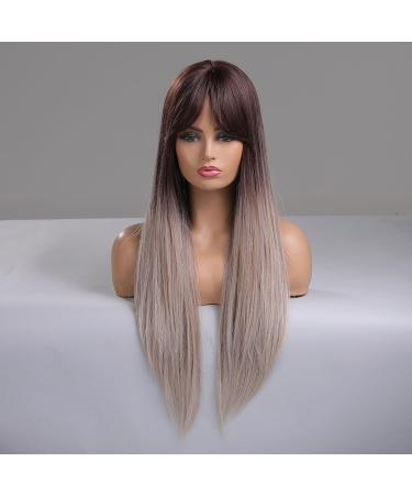 Buy Testar 28 Inch Ombre Brown Gray Wig - Long Straight Heat-Resistant Synthetic Fiber Wig for Women | Perfect for Daily Party & Cosplay Use - Buy Online on GoSupps.com
