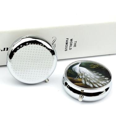 Round White Peacock Print Pill Box - 3 Compartment Decorative Metal Pill Organizer | Portable Pocket Medicine Case - Style-2 - Buy Online on GoSupps.com