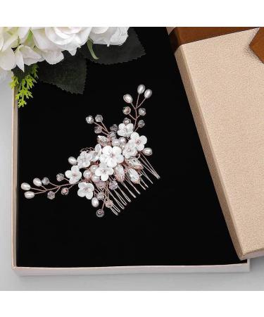 Fairvir Bridal Wedding Hair Comb Flower Silver Rhinestone Sparky Crystal Bride Leaf Side Combs Pearl Hair Accessories for Women and Girls (Rose Gold) - Buy Online on GoSupps.com