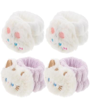 OUNONA Lot de 4 Bracelets de Lavage du Visage Absorbants et Confortables en Tissu Polaire Doux R sistants L humidit Taille Unique Couleur Blanche Motifs Chat et Lapin pour Soins