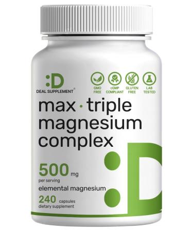 Magnesium Complex 1 000mg 240 Capsules Triple Magnesium Complex with Magnesium Glycinate Citrate Oxide Mineral Supplements with Max Strength Elemental Forms + 100% Chelated & Purified