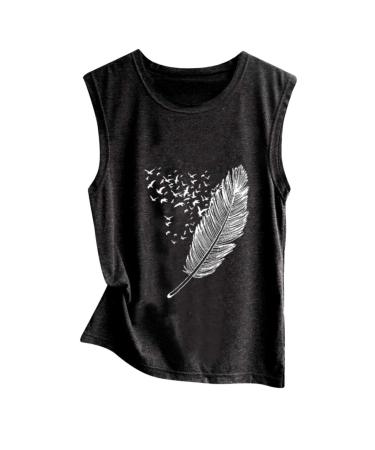 Women Tank Tops T-Shirt Sleeveless Flying Birds Feather Printing Round Neck Loose Pullover Blouse Tunic Tees
