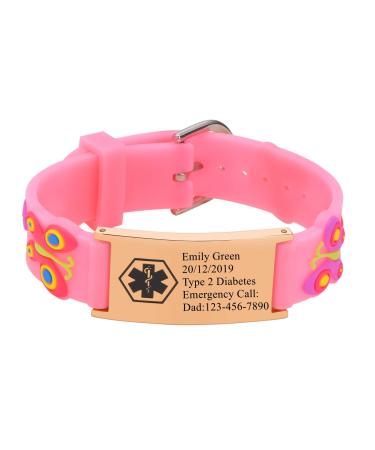 XUANPAI Personalized Safety Wristband Bracelet for Kids - Child ID Bracelet for Emergency Contact or Medical Information Waterproof Cartoon Style Silicone Bracelet for Boys Girls Teenagers A-Pink 2