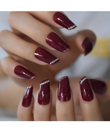 Burgundy Galaxy Glitter Shiny Medium Length Fake Nails Set - 24 Rhinestone DIY Nail Art Tips - Buy Online on GoSupps.com