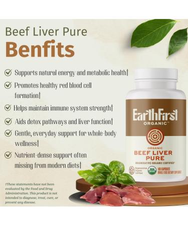 EarthFirst Organic Beef Liver Pure Regenerative Organic Certified Grass-Fed Liver Supplement Natural Source of Iron Vitamin A & B12 Supports Energy Metabolism & Vitality 180 Capsules - Buy Online on GoSupps.com