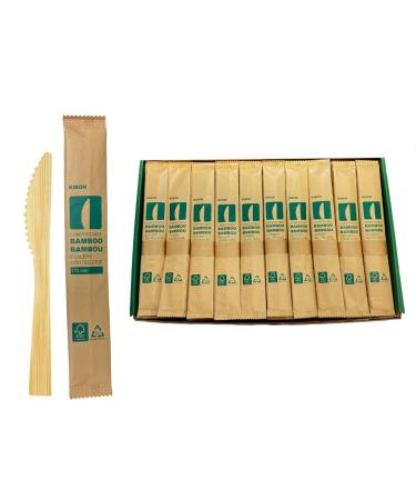 KIBON Bamboo Knives 100 Individually Wrapped Disposable Knives Biodegradable Packaging Sturdy Eco-Friendly Heat-Resistant Compostable Utensils for All Occasions Sustainable Plastic Alternative 100 Knives