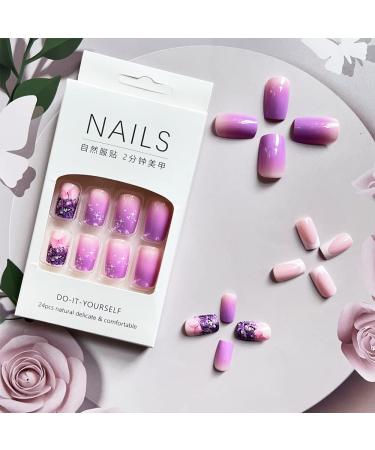 Brighten Your Look with Butterfly Purple Press on Nails - 24pcs Medium Square False Nails for Women and Girls - Buy Online on GoSupps.com