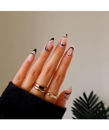 Justotry 24 pieces almond nails to stick on short black French artificial nails swirl stiletto artificial nails press on nails acrylic fingernails fake nails short for women black swirl French 1