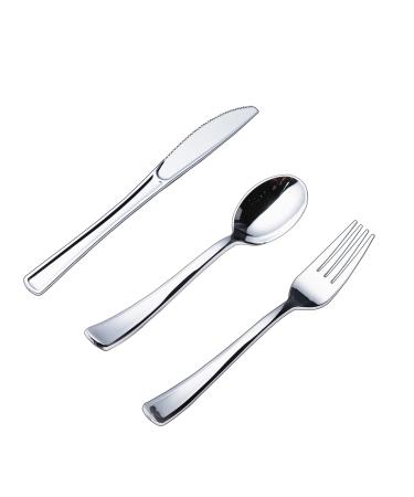 N9R 200pcs Plastic Silverware Set, Silver Plastic Cutlery Including 100pcs Forks, 50pcs Spoons, 50pcs Knives, Disposable Silverware for Party/Everyday Use