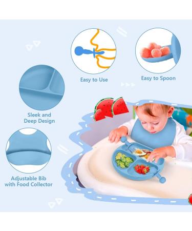 Vicloon Silicone Baby Feeding Set | 4 Pcs Weaning Suction Plate, Bib, Spoon & Fork | BPA-Free Toddler & Kids Plate Set | Divided Plate | Gift for Kids - Blue - Buy Online on GoSupps.com