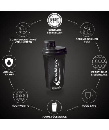 Ironmaxx Protein Shaker Black 700ml | BPA & DEHP Free Dishwasher Safe | With Rotating Clasp Sieve & Measurement Scale - Buy Online on GoSupps.com