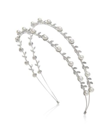 SWEETV Pearl Wedding Headband Silver Double Band Bridal Headpieces Crystal Tiara Women Hair Accessories for Women Silver(Double Band) 1 Count (Pack of 1)