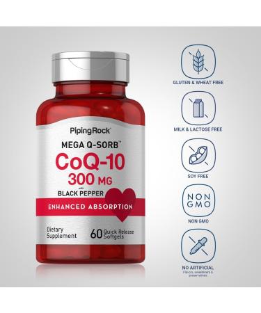 Piping Rock CoQ10 300mg Softgels - Enhanced Absorption Non-GMO Gluten Free | 60 Pills with Black Pepper | Coenzyme Q10 Supplement - Buy Online on GoSupps.com
