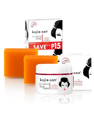 Kojie San 2 Piece Set Skin Soap Original Kojic Acid Soap 2 Bars - 65 Grams Each Face Cream 30 Grams - Get a Fairer Skin Tone!