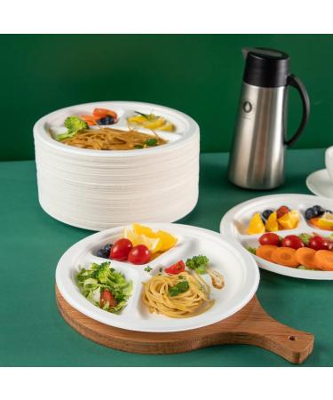SUT 3 Compartment Plates Disposable 100-Pack - 9 Inch Heavy-Duty White Paper Plates | Biodegradable & Made of Natural Sugarcane Fibers - Buy Online on GoSupps.com
