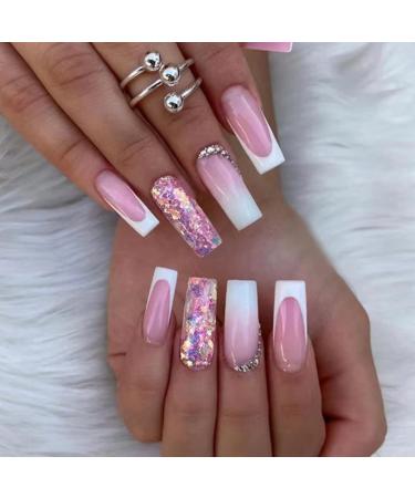 Justotry 24 pieces glittering coffee nails for sticky white French press on nails with Diamond Ballerina artificial nails artificial nails beautiful fingernails finger nails medium for women white & ballerina3