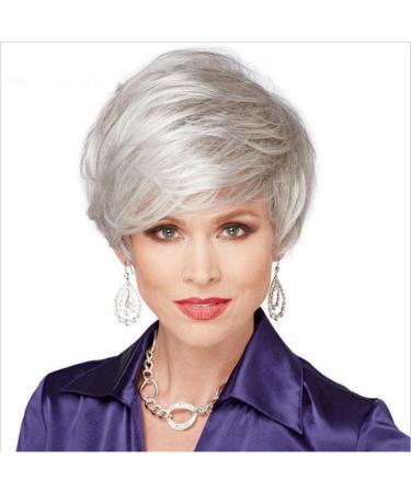 WIGHERShort Silver Grey Synthetic Wig Fluffy Little Curly Wavy Grey Costume Wigs For Old Middle Age Woman Office Lady