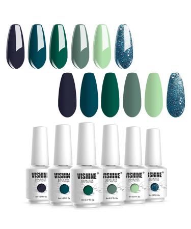 Vishine UV Nail Polish Green Glitter 6 Colours Green Gel Nail Polish Kit Green Gel Nail Polish Set Olive Green Avocado Dark Green Soak Off LED Gel Nails Gel Nail Polish 8 ml
