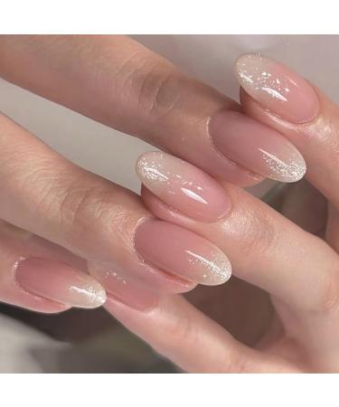 SINLOV French Gradient Fake Nails Almond Glitter False Nails Glossy Press on Nails Ballerina Acrylic Full Cover Fake Nails for Women and Girls