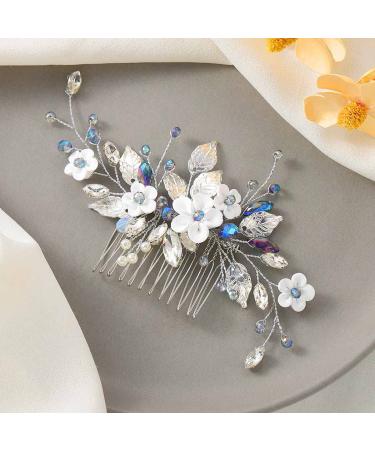 Silver Blue Rhinestone Flower Bride Wedding Hair Comb - Crystal Bridal Hair Accessory for Women & Girls - Buy Online on GoSupps.com