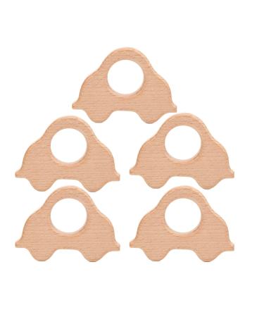 5 pieces of baby bite ring toys made of wood animal bite ring made of wood pain relief natural beech robust durable impact resistance smooth wood biting rings (car)